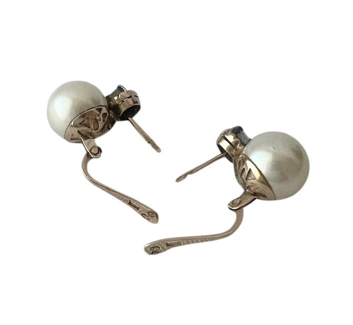 Vintage 18k Yellow Gold Faux Pearl & White Quartz Latch-Back Earrings.