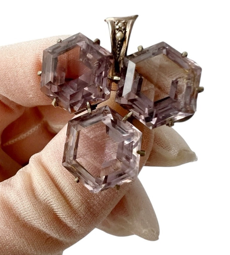 Antique Victorian Silver Amethyst Glass & Seed Pearl Brooch, c.1880–1900