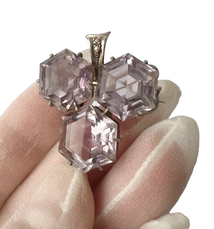 Antique Victorian Silver Amethyst Glass & Seed Pearl Brooch, c.1880–1900