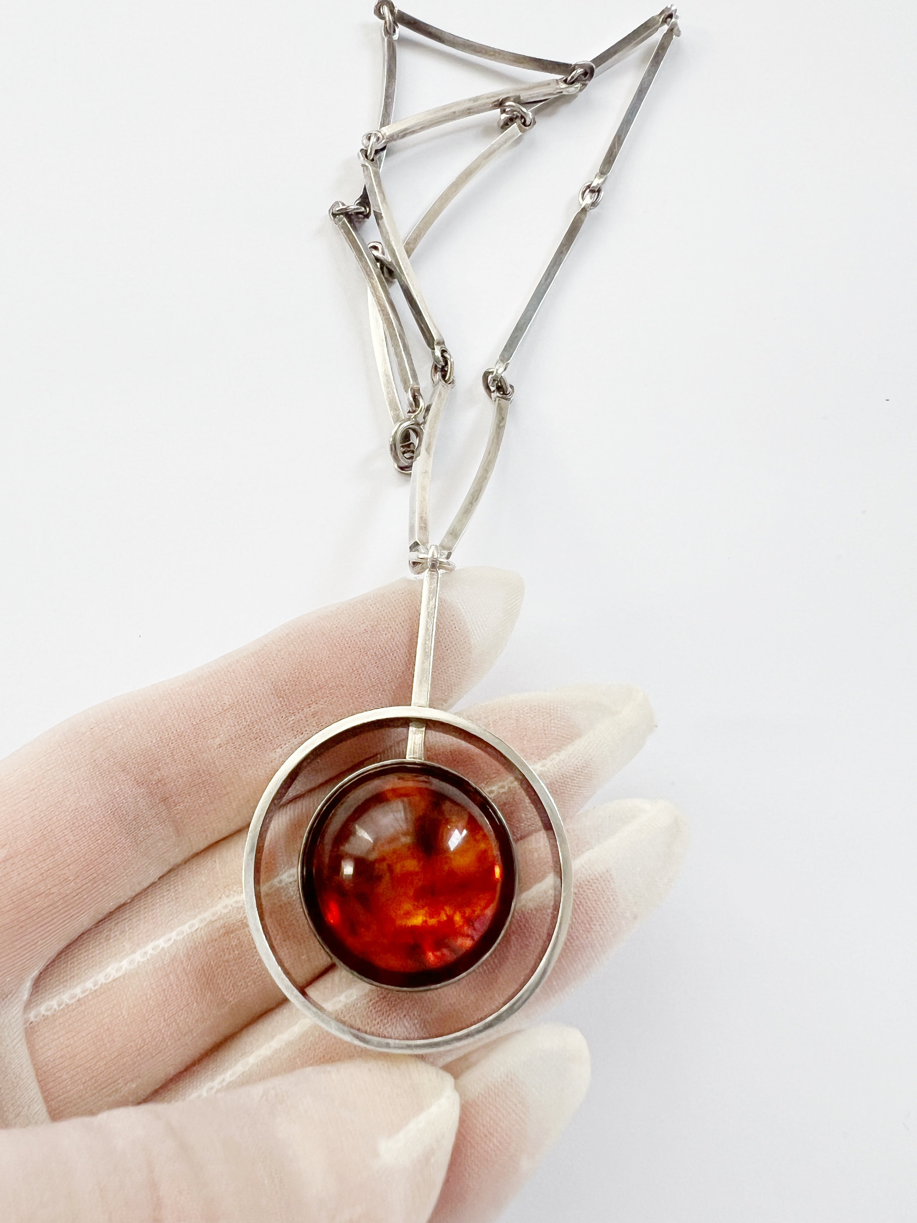 Vintage Baltic Amber Necklace, Sterling Silver, Danish Modernist, Niels Erik From