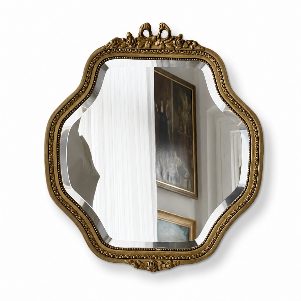 Vintage Louis XVI Style Wall Mirror, Belgian Gilt Wood And Stucco Beveled Mirror