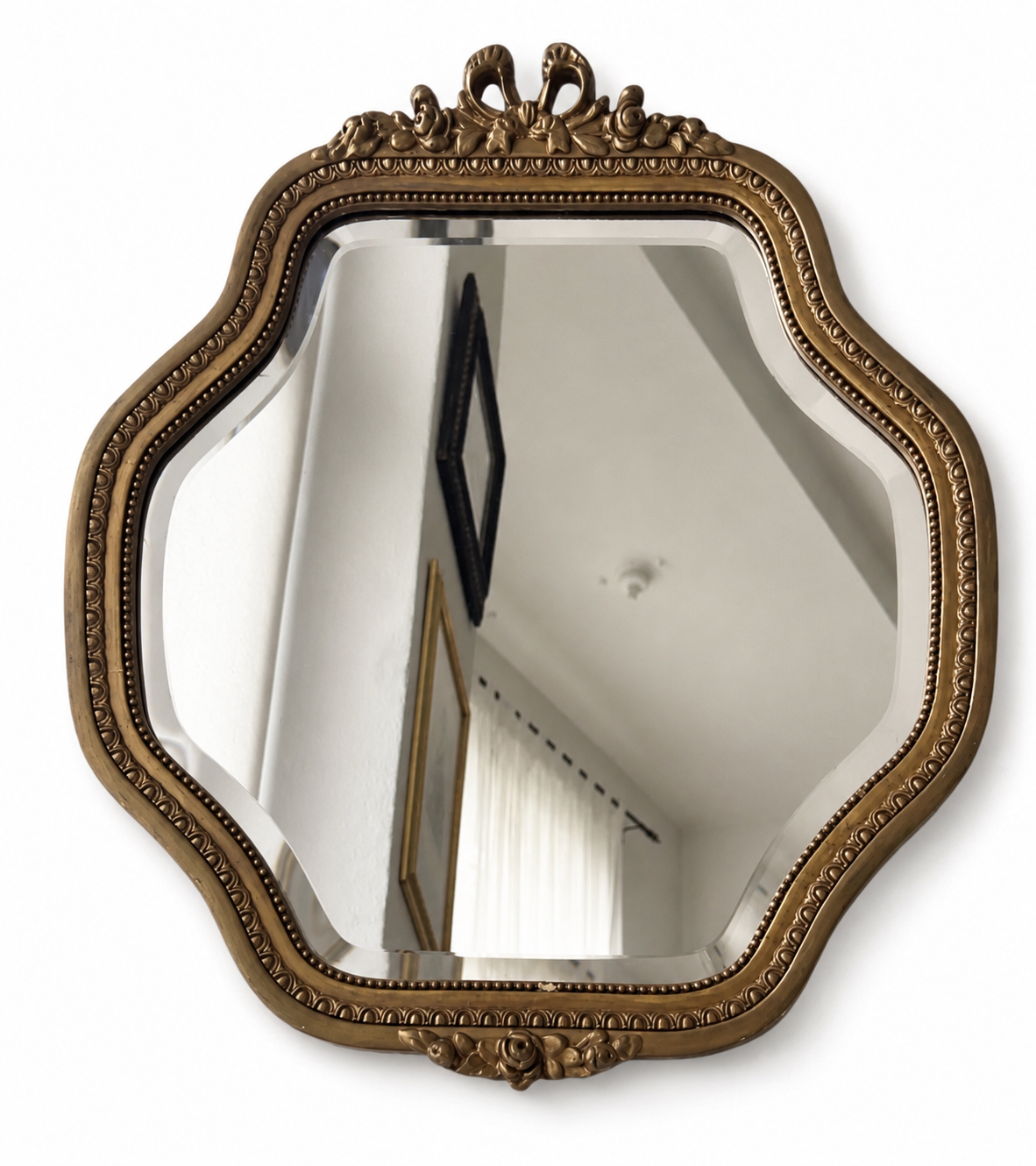 Vintage Louis XVI Style Wall Mirror, Belgian Gilt Wood And Stucco Beveled Mirror