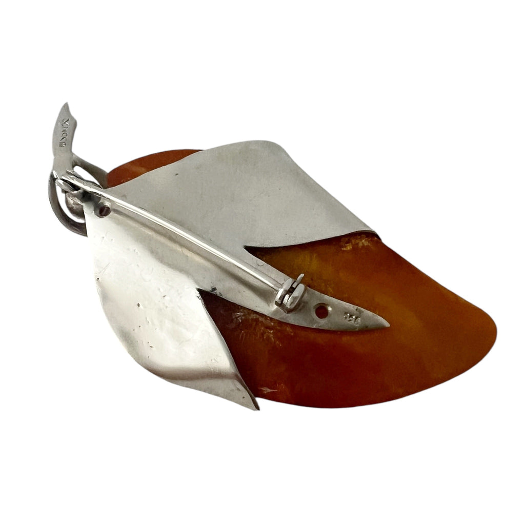 SBM Königsberg Baltic Amber Brooch, 935 Silver Modernist Pin, Staatliche Bernstein-Manufaktur