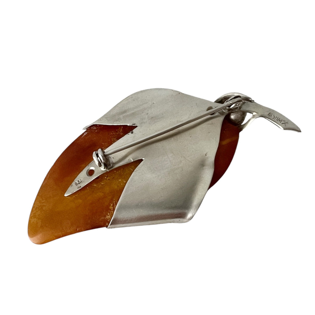 SBM Königsberg Baltic Amber Brooch, 935 Silver Modernist Pin, Staatliche Bernstein-Manufaktur