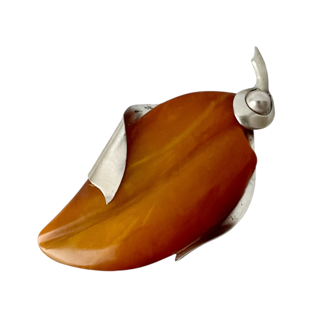 SBM Königsberg Baltic Amber Brooch, 935 Silver Modernist Pin, Staatliche Bernstein-Manufaktur