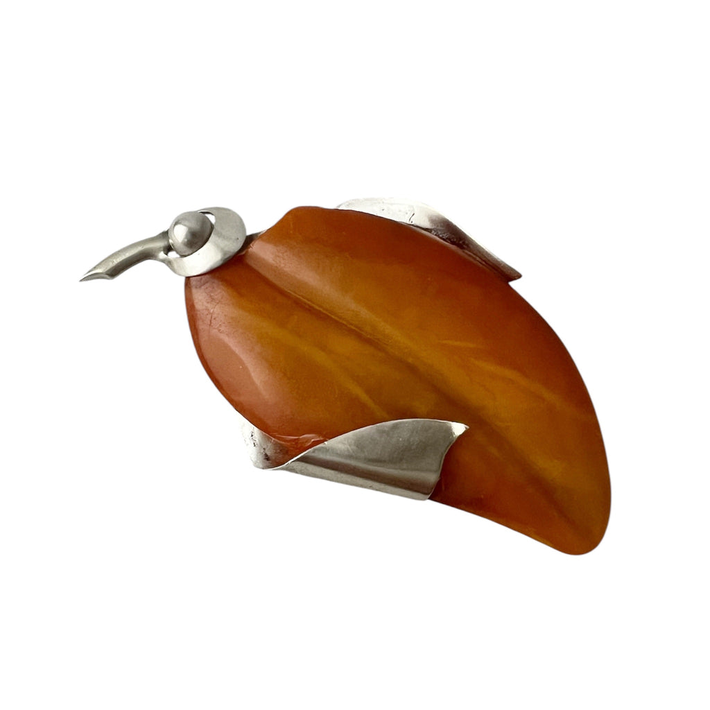 SBM Königsberg Baltic Amber Brooch, 935 Silver Modernist Pin, Staatliche Bernstein-Manufaktur