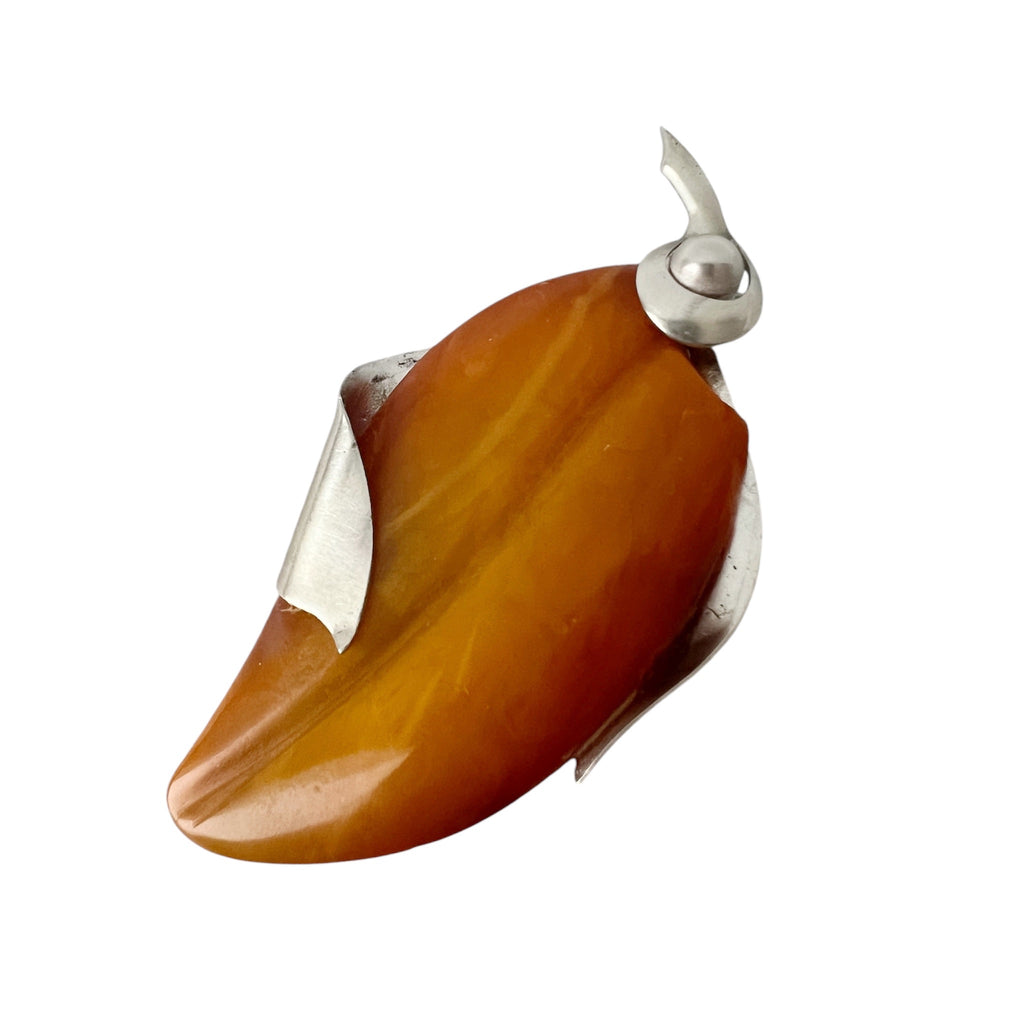 SBM Königsberg Baltic Amber Brooch, 935 Silver Modernist Pin, Staatliche Bernstein-Manufaktur