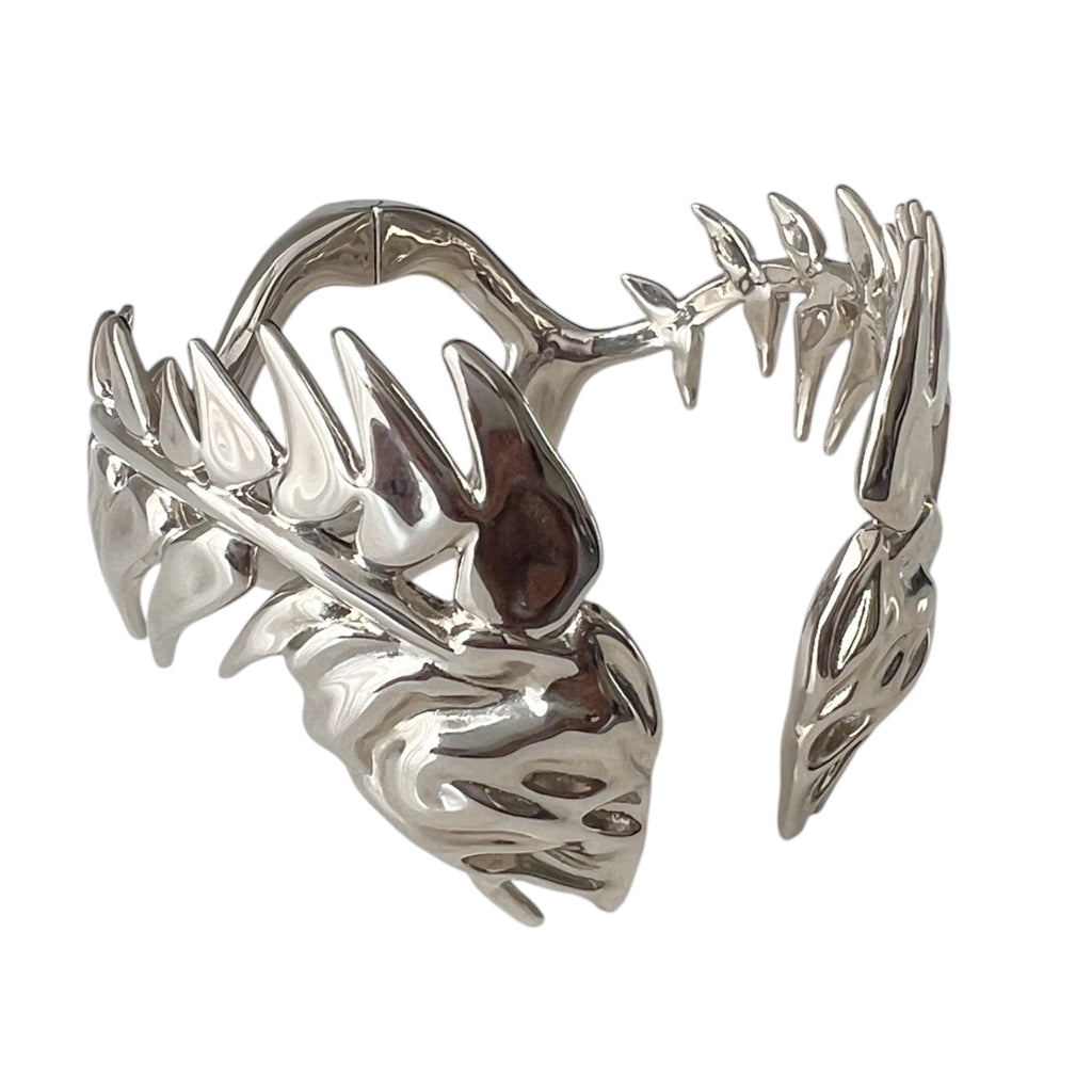 Burberry Palladium Plated Fish Bone Cuff Bracelet – Sculptural Metallic Statement Bangle