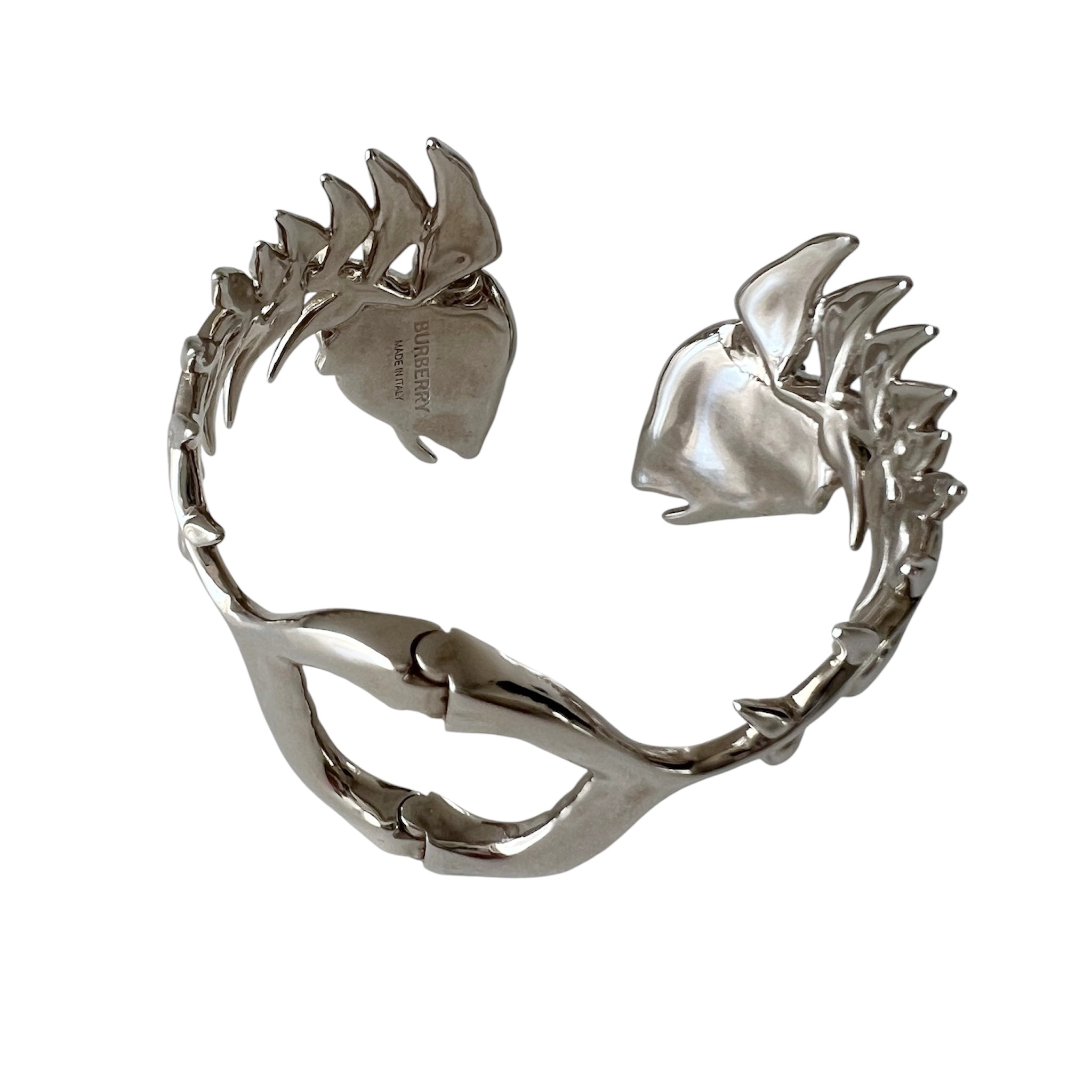 Burberry Palladium Plated Fish Bone Cuff Bracelet – Sculptural Metallic Statement Bangle