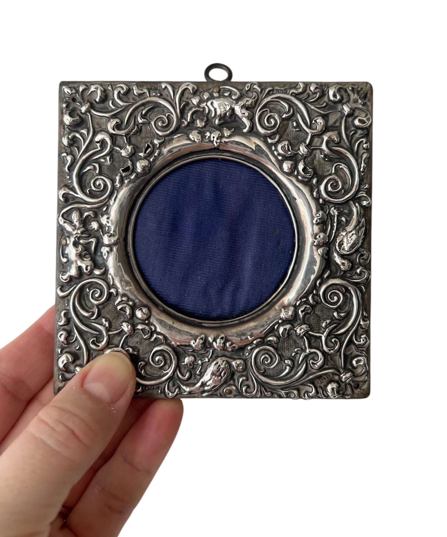 Antique Sterling Silver  Photo Holder, Edwardian Repoussé Floral Wall Decor