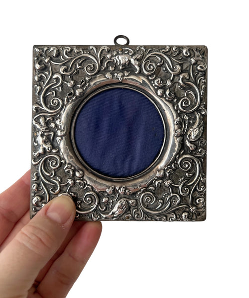 Antique Sterling Silver  Photo Holder, Edwardian Repoussé Floral Wall Decor