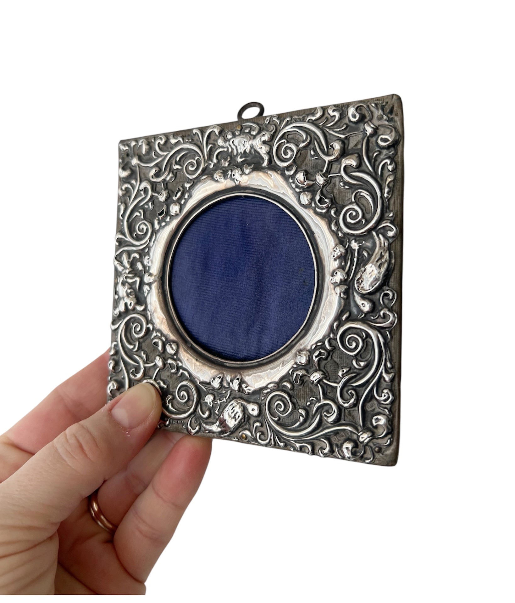 Antique Sterling Silver  Photo Holder, Edwardian Repoussé Floral Wall Decor