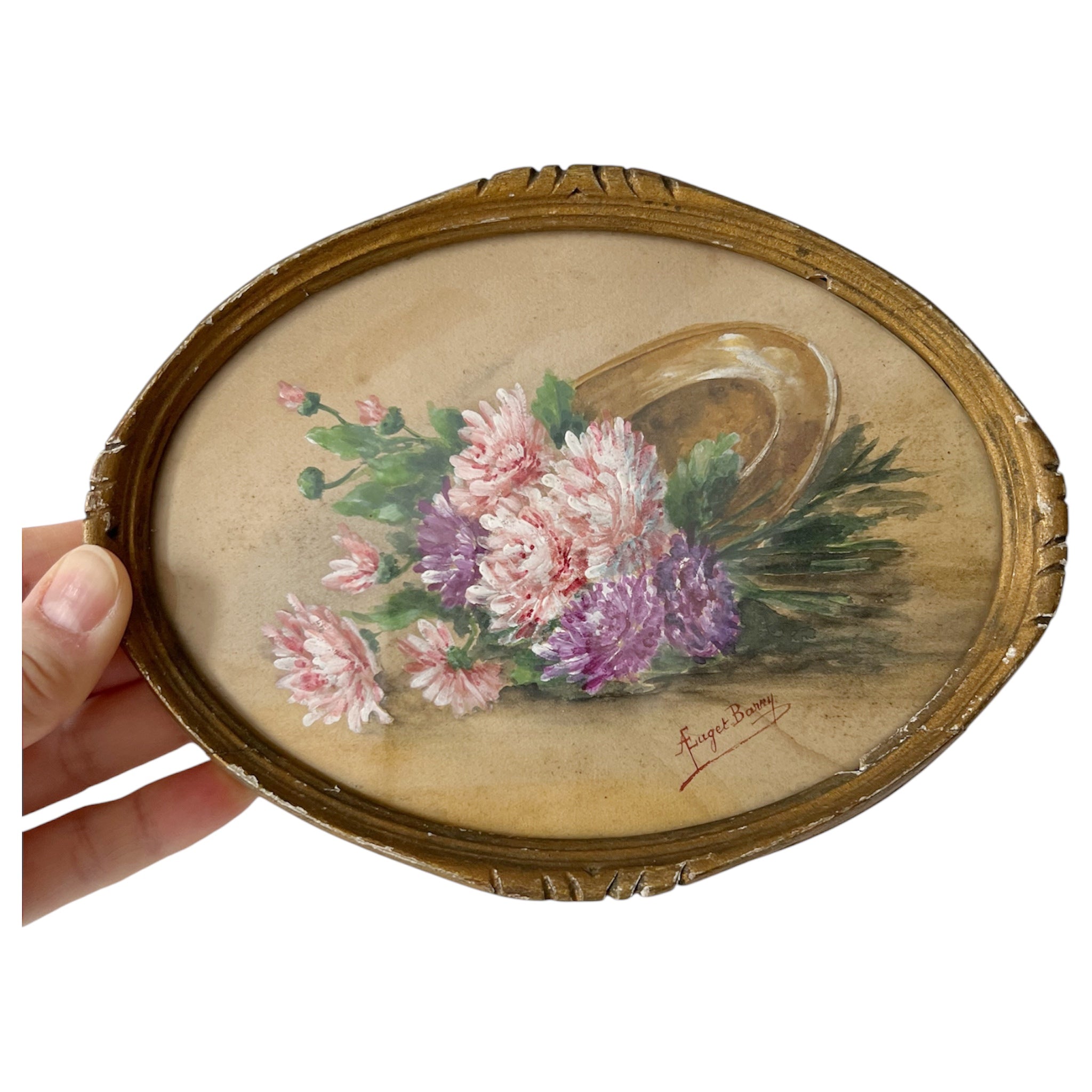 Antique French Floral Painting c1890 Signed Chrysanthemums Belle Epoque Oval Frame