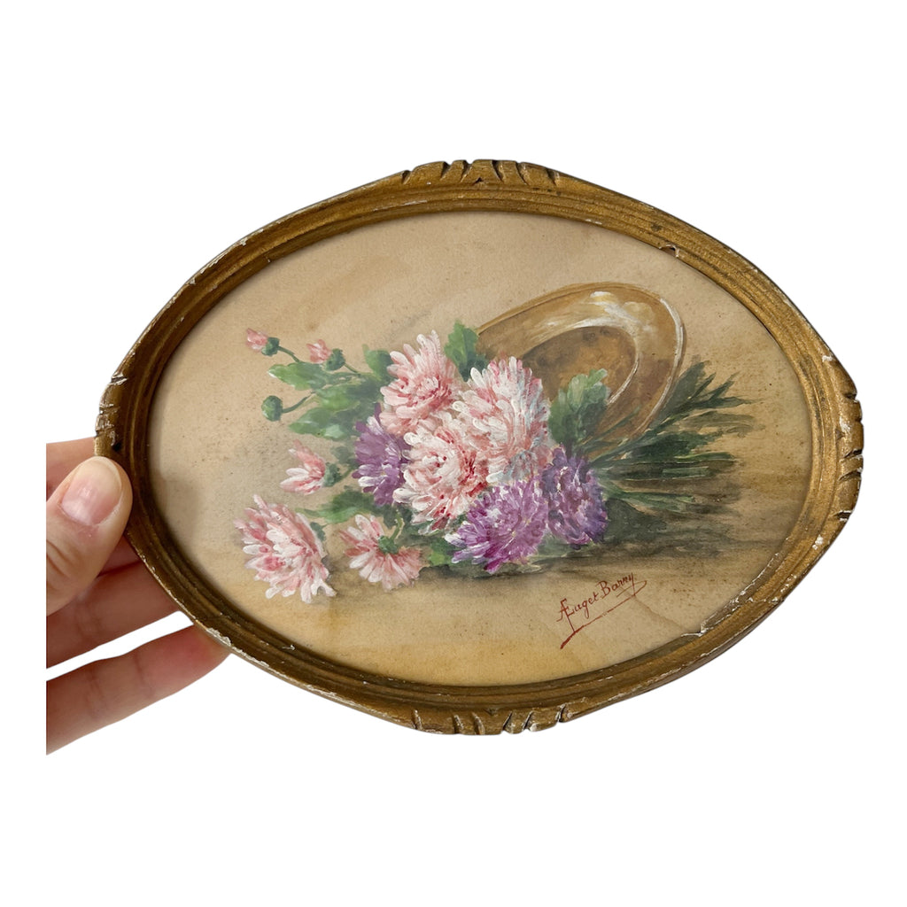 Antique French Floral Painting c1890 Signed Chrysanthemums Belle Epoque Oval Frame