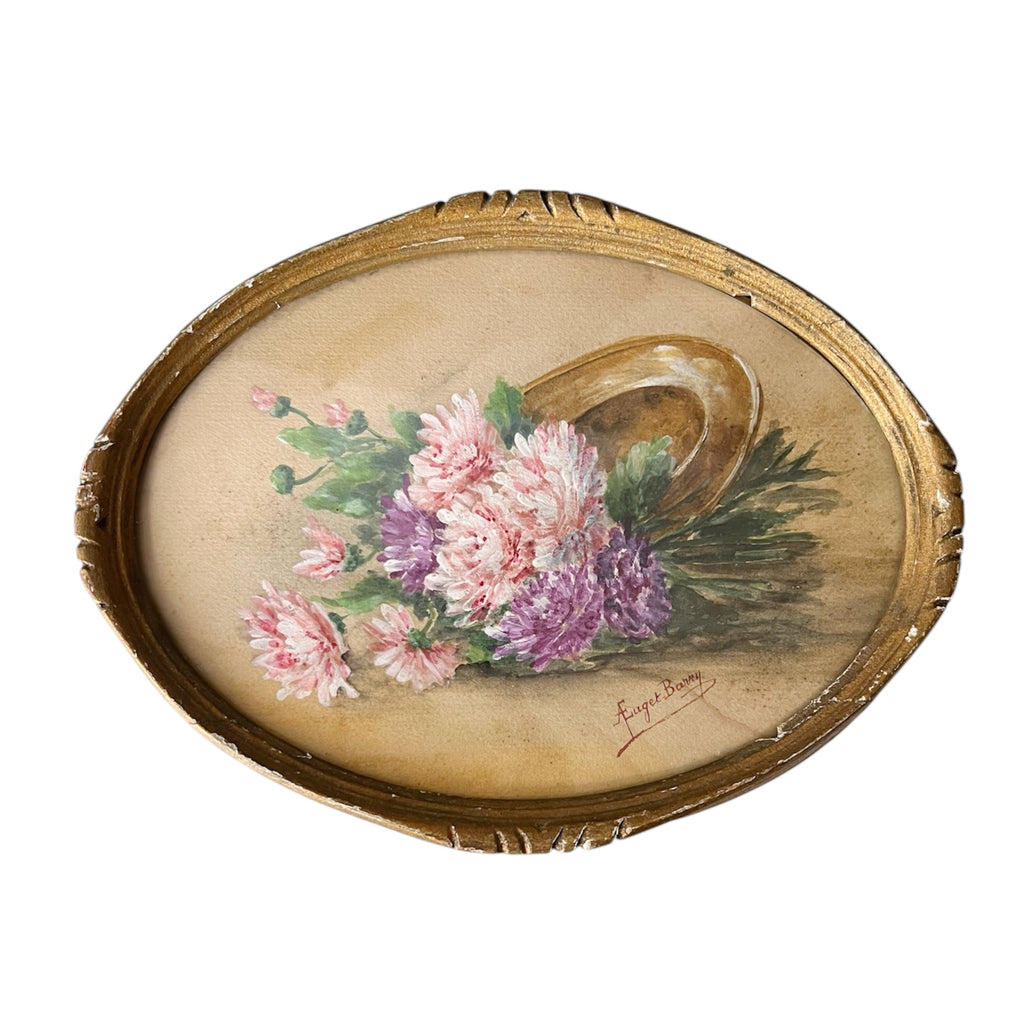 Antique French Floral Painting c1890 Signed Chrysanthemums Belle Epoque Oval Frame