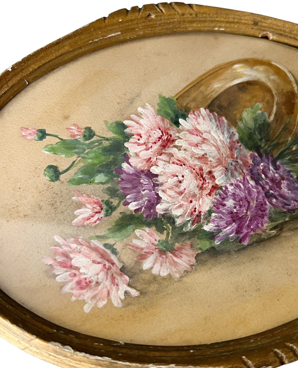 Antique French Floral Painting c1890 Signed Chrysanthemums Belle Epoque Oval Frame