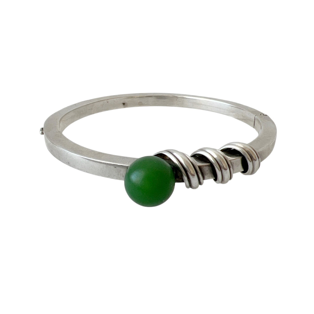 Anton Michelsen, Scandinavian Modernist Silver Hinged Bangle Bracelet, Green Bead 1960s