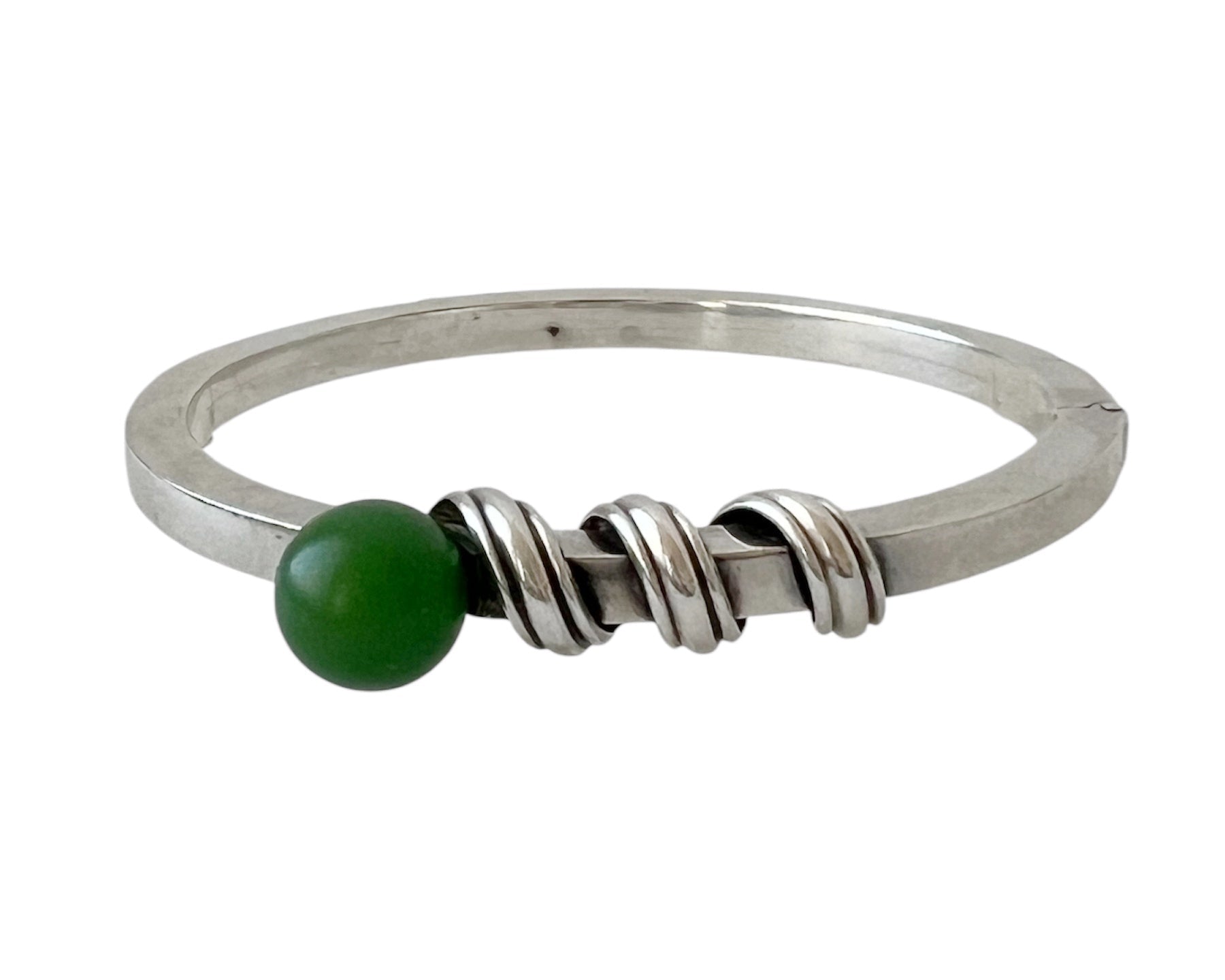 Anton Michelsen, Scandinavian Modernist Silver Hinged Bangle Bracelet, Green Bead 1960s