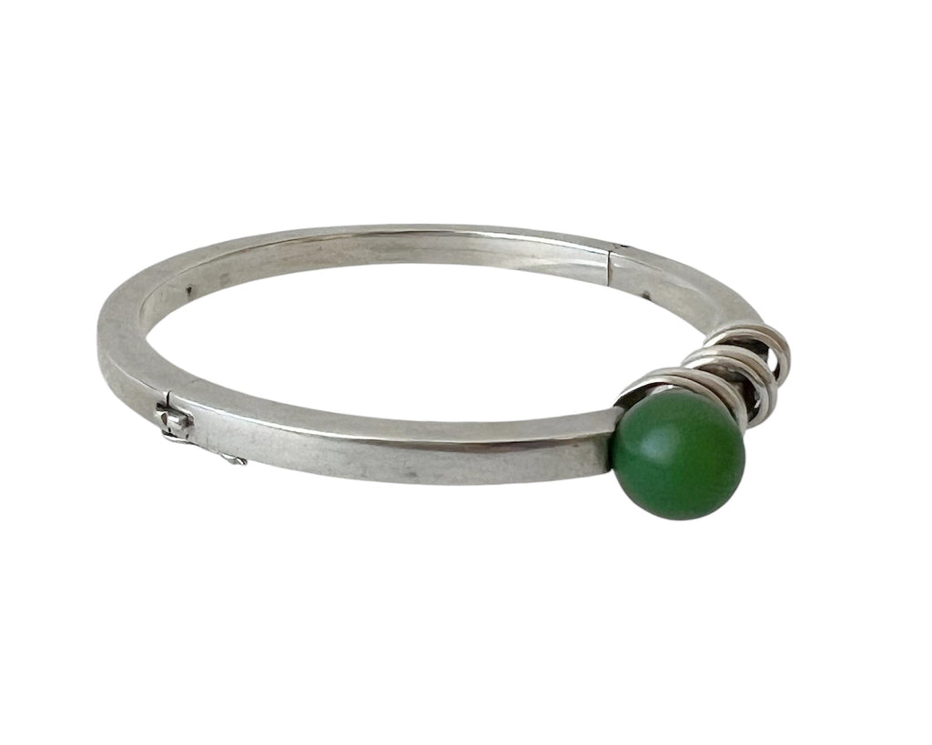Anton Michelsen, Scandinavian Modernist Silver Hinged Bangle Bracelet, Green Bead 1960s