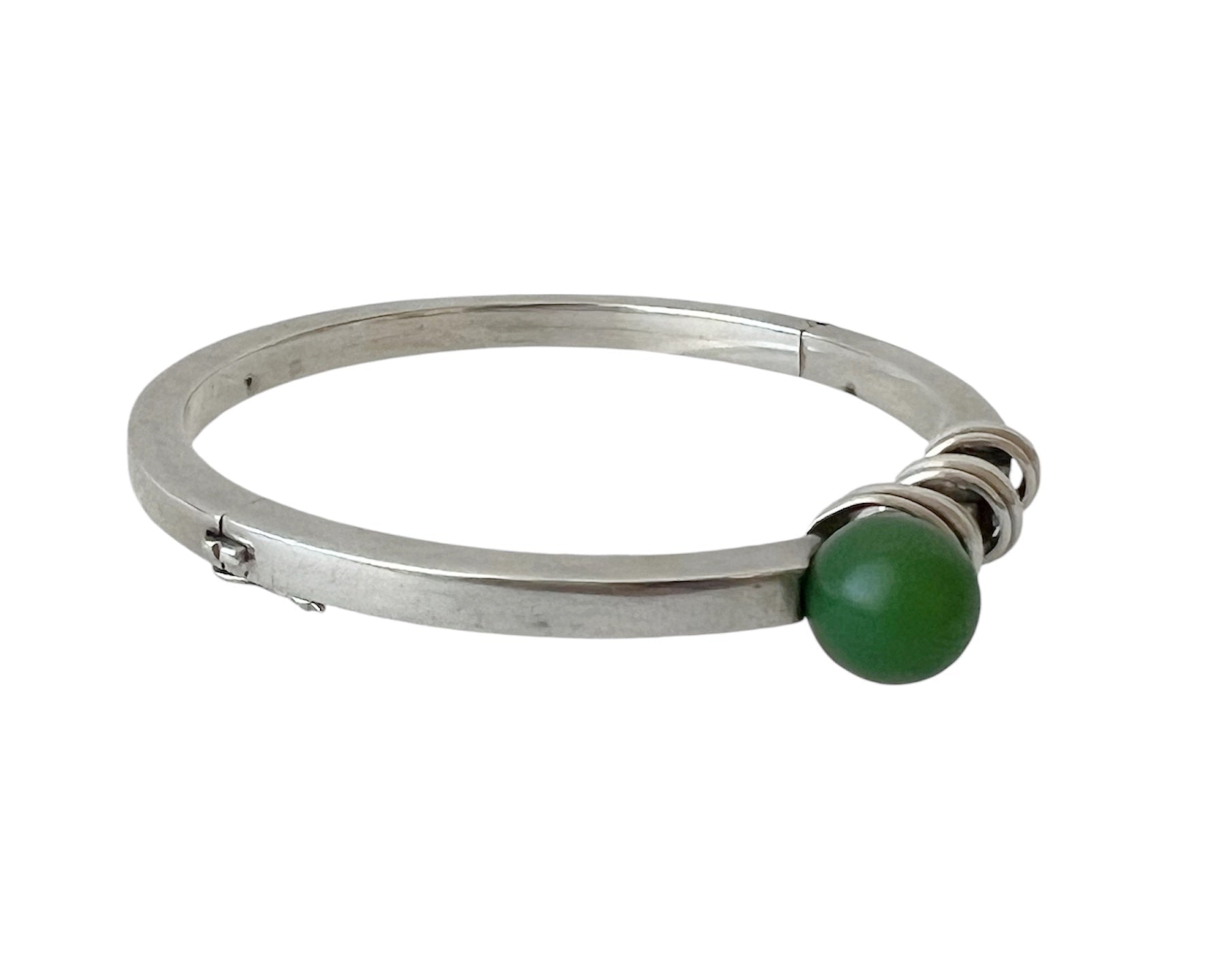 Anton Michelsen, Scandinavian Modernist Silver Hinged Bangle Bracelet, Green Bead 1960s