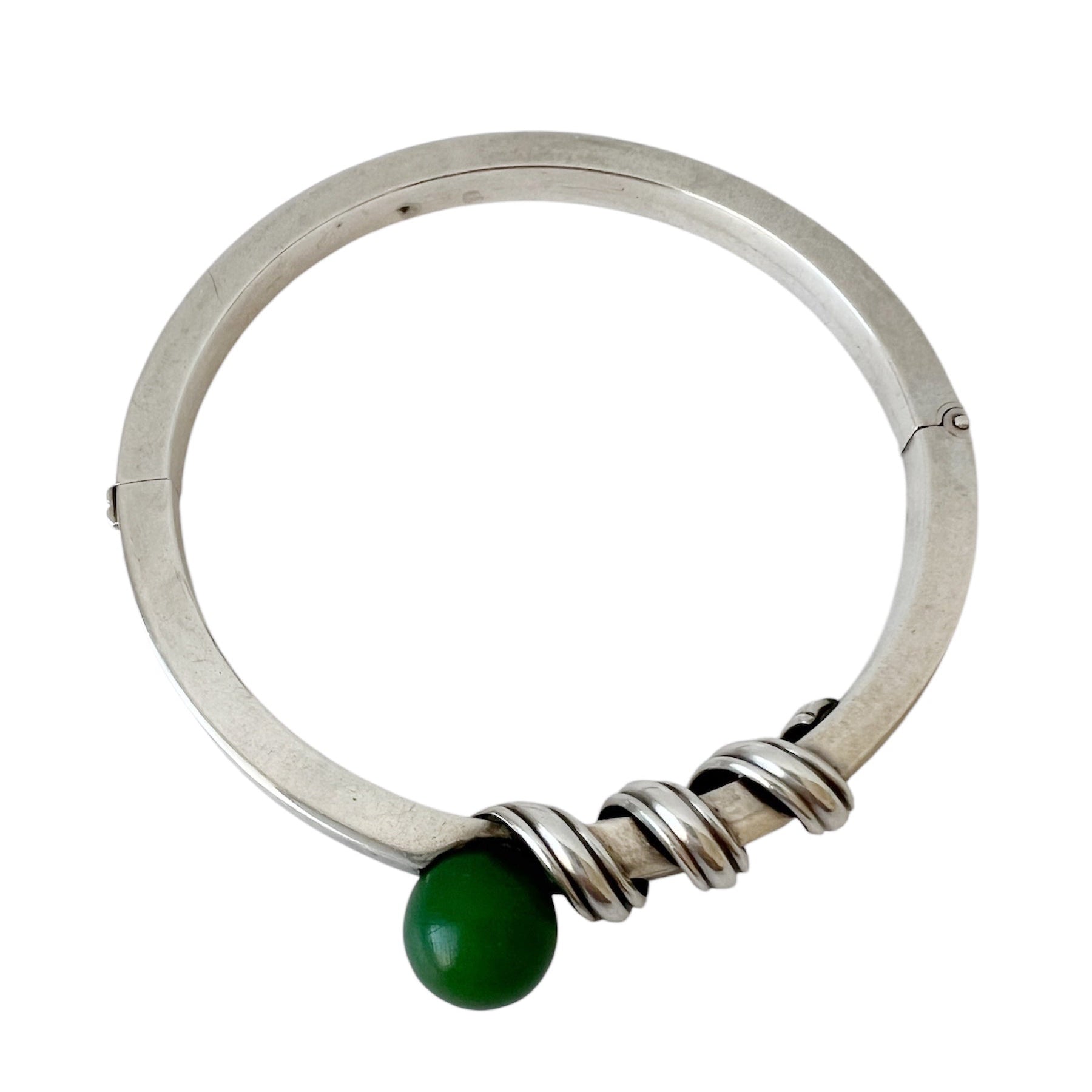 Anton Michelsen, Scandinavian Modernist Silver Hinged Bangle Bracelet, Green Bead 1960s