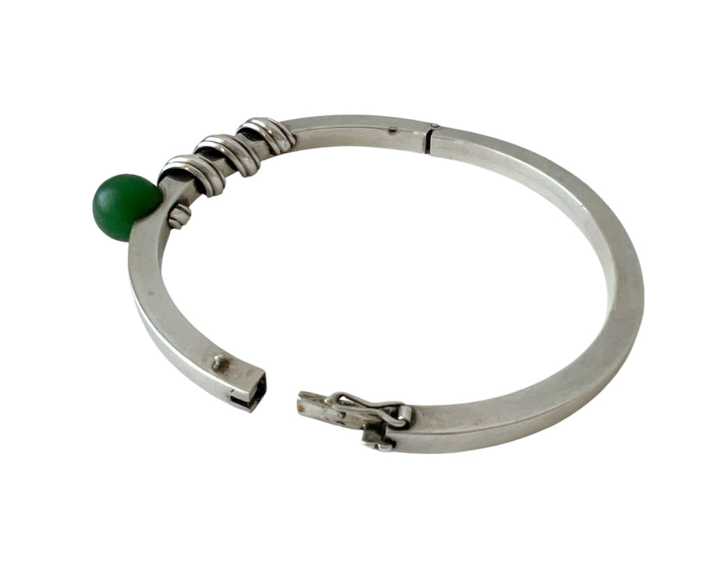 Anton Michelsen, Scandinavian Modernist Silver Hinged Bangle Bracelet, Green Bead 1960s