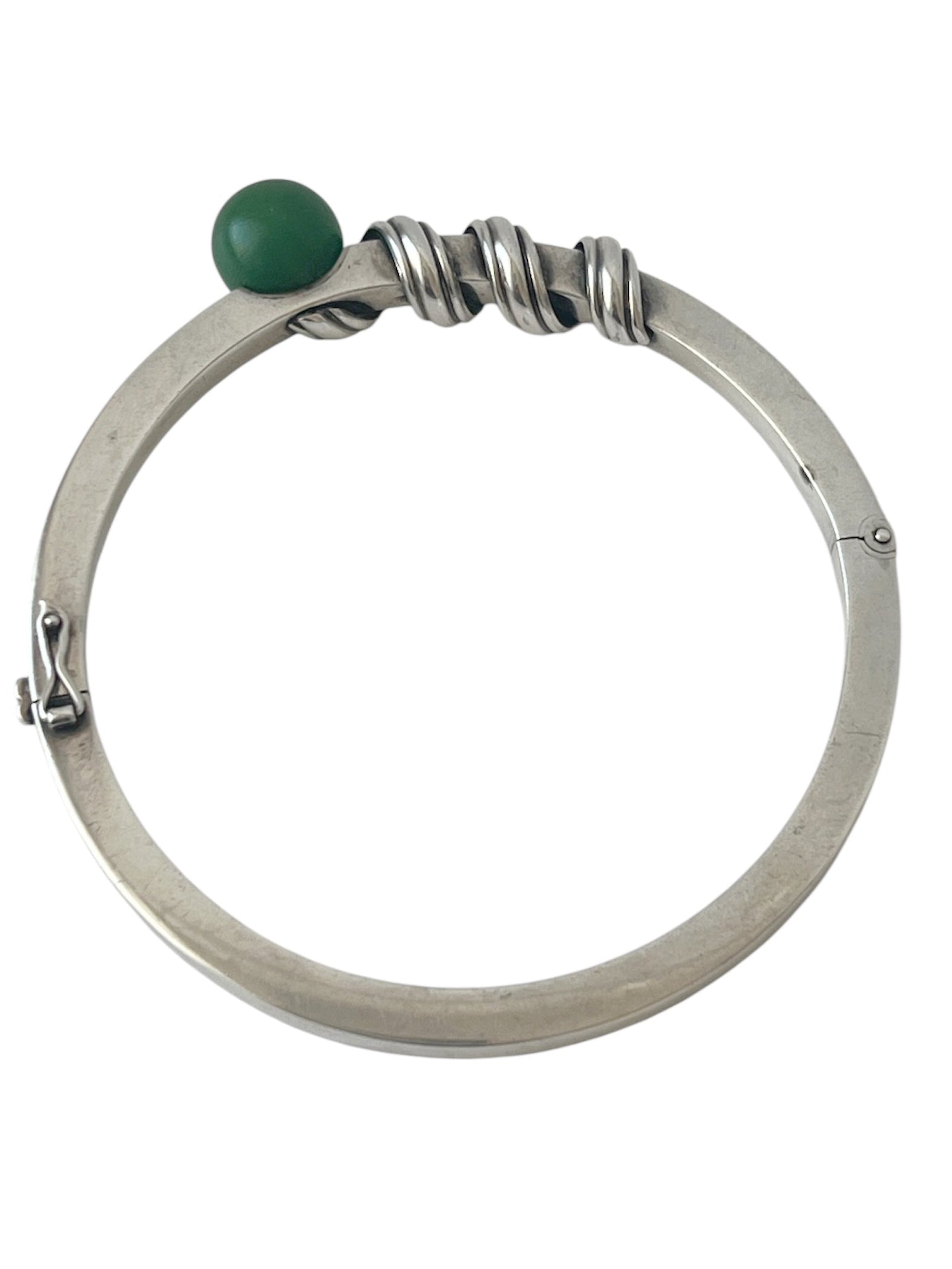 Anton Michelsen, Scandinavian Modernist Silver Hinged Bangle Bracelet, Green Bead 1960s