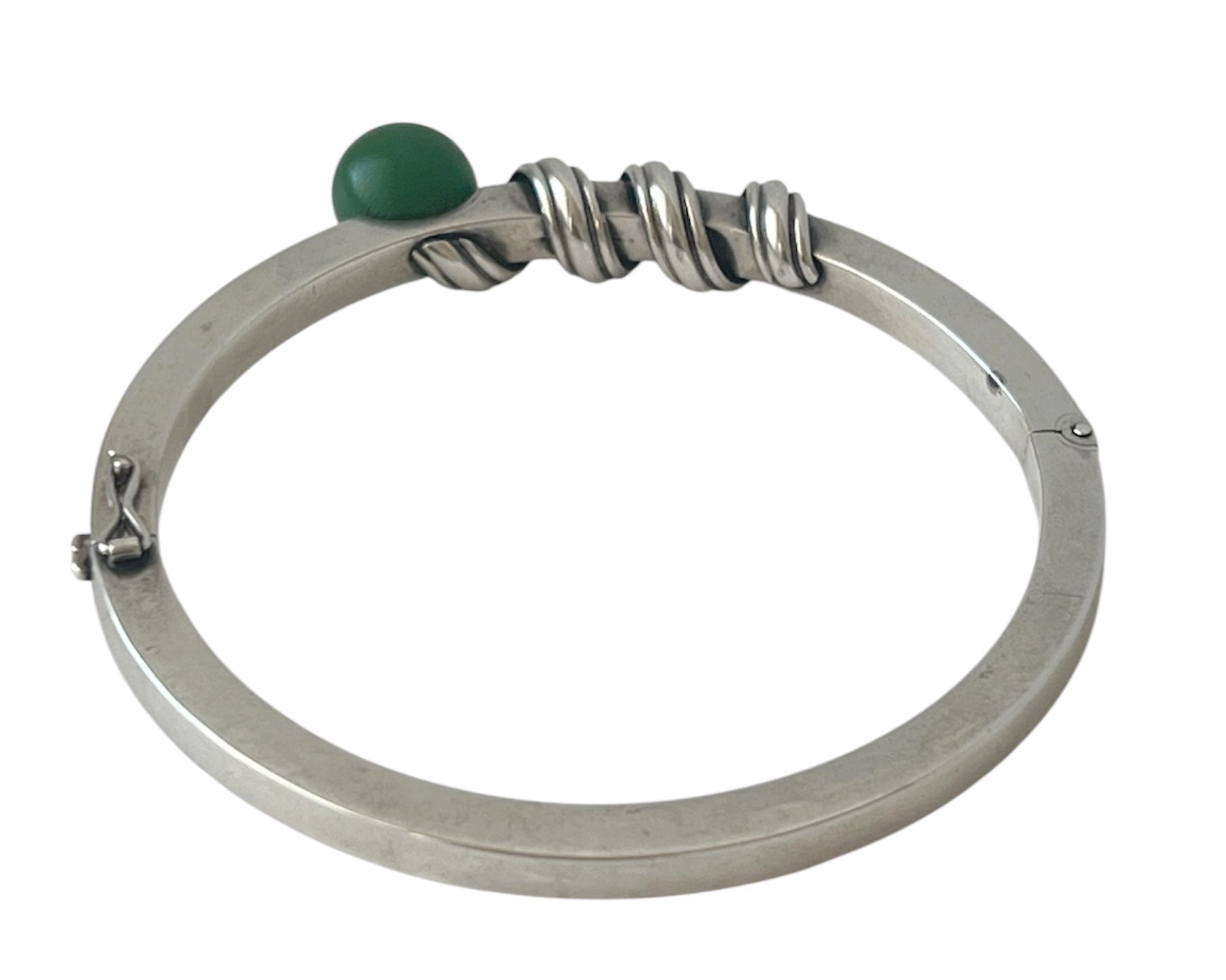 Anton Michelsen, Scandinavian Modernist Silver Hinged Bangle Bracelet, Green Bead 1960s