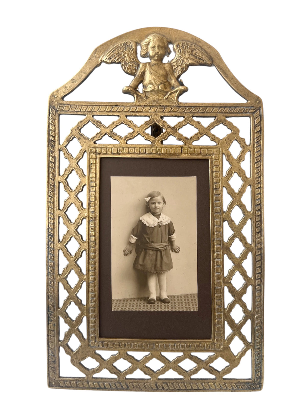 Antique Brass Cherub Photo Frame Victorian Angel Easel Picture Holder Glass