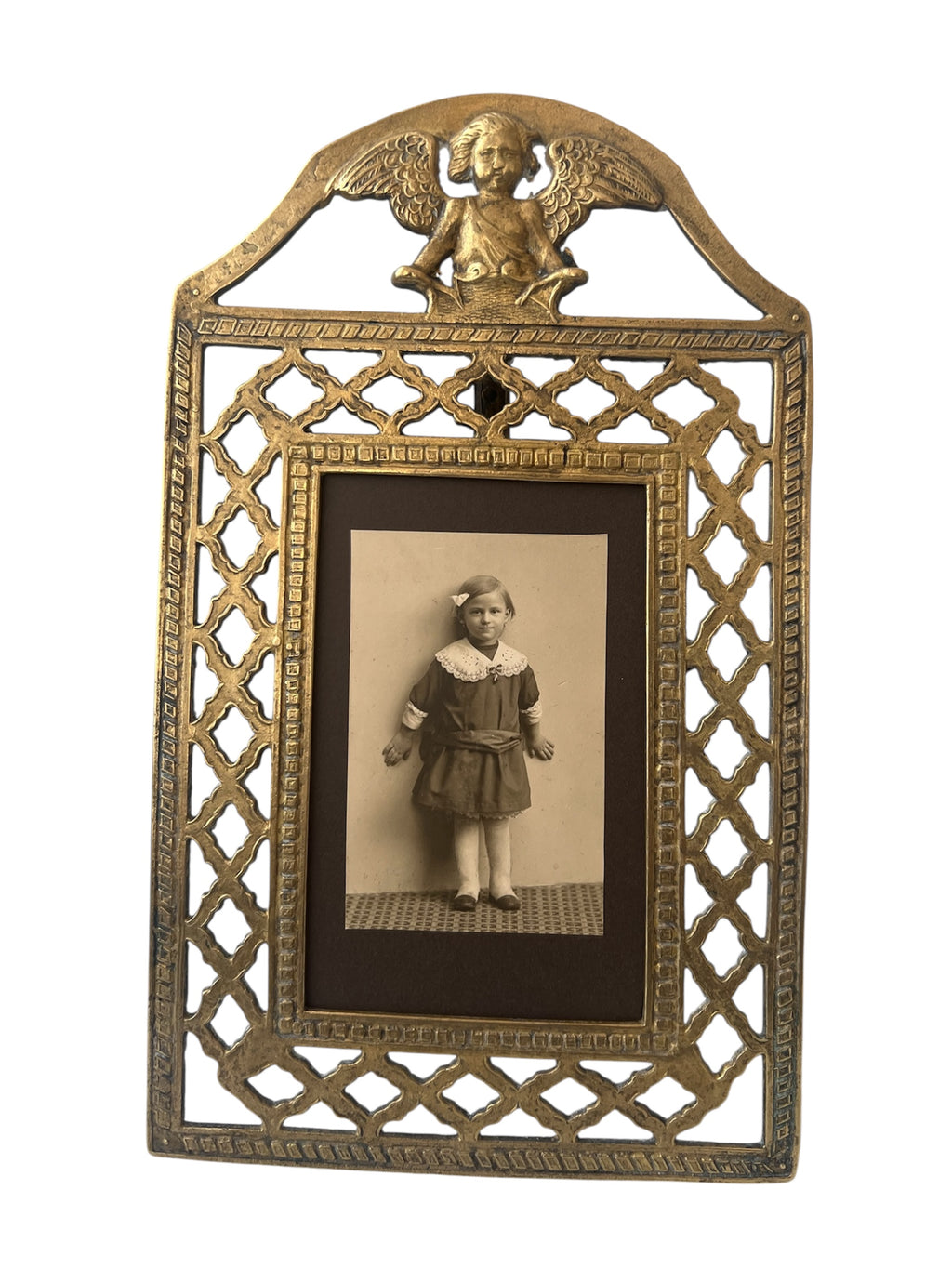 Antique Brass Cherub Photo Frame Victorian Angel Easel Picture Holder Glass
