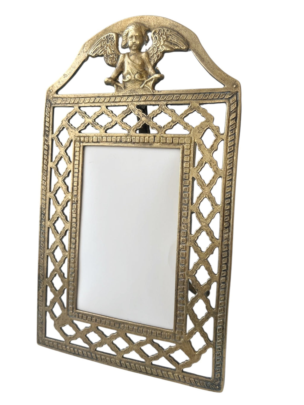 Antique Brass Cherub Photo Frame Victorian Angel Easel Picture Holder Glass