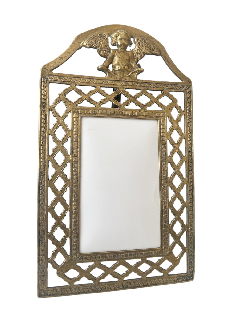 Antique Brass Cherub Photo Frame Victorian Angel Easel Picture Holder Glass