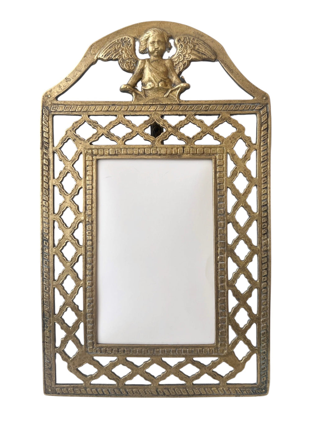 Antique Brass Cherub Photo Frame Victorian Angel Easel Picture Holder Glass