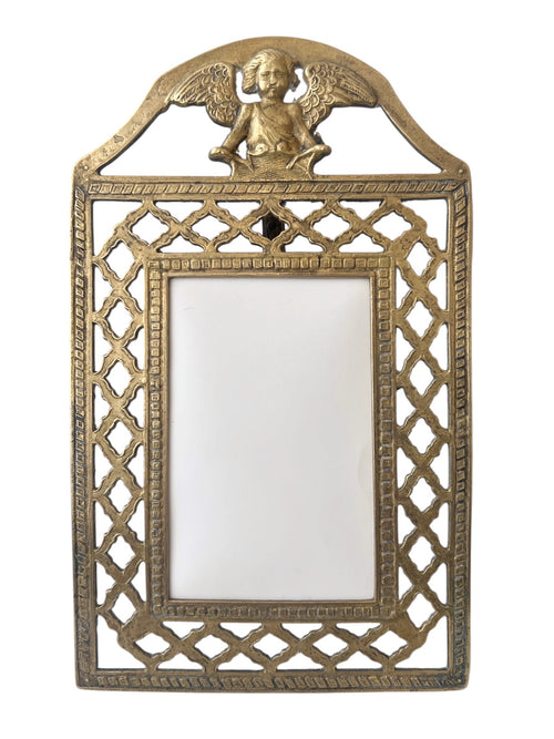 Antique Brass Cherub Photo Frame Victorian Angel Easel Picture Holder Glass
