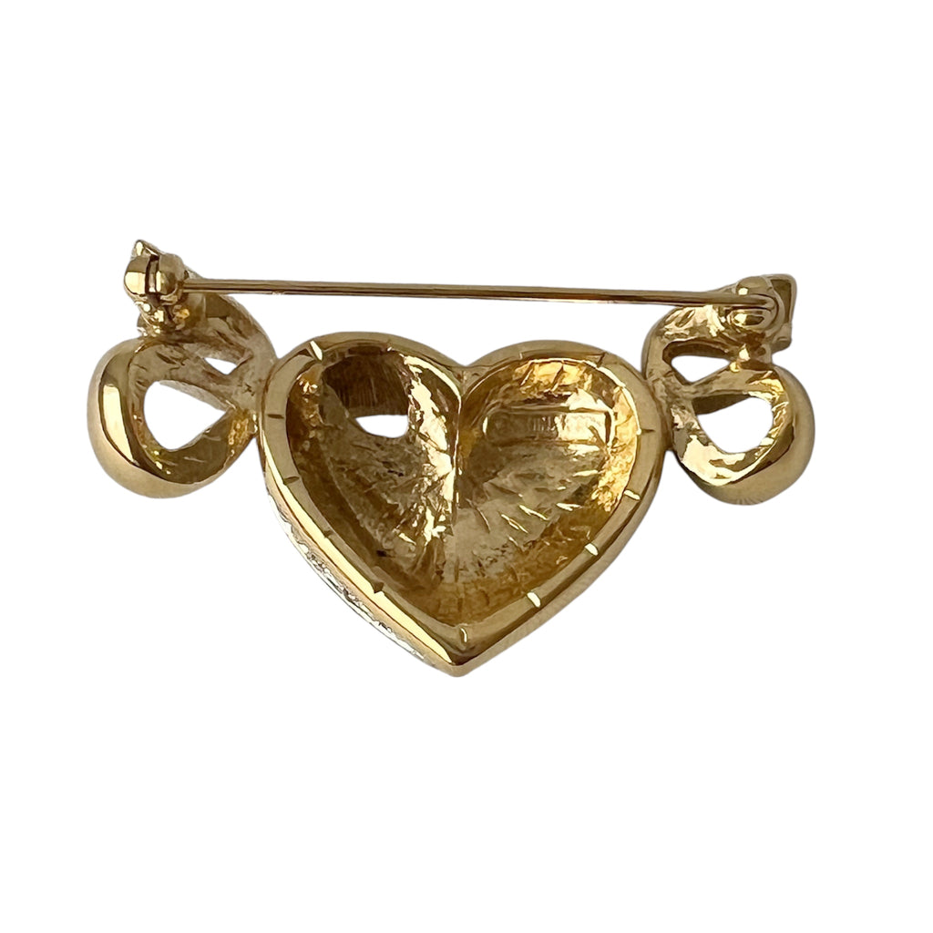 Vintage Nina Ricci Rhinestone Heart Bow Brooch, Gold Tone Designer Pin