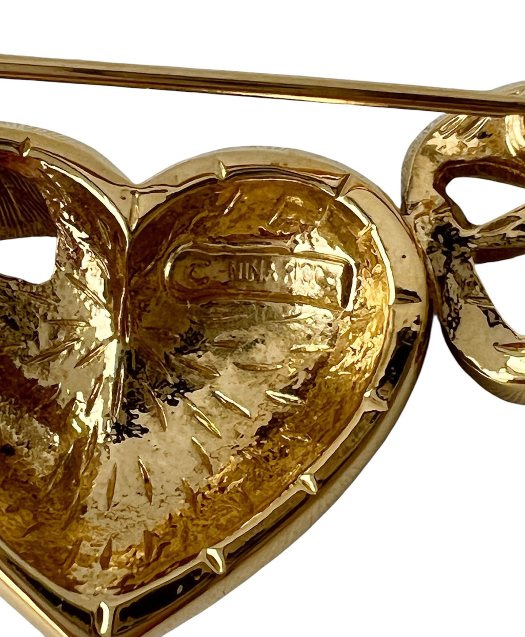 Vintage Nina Ricci Rhinestone Heart Bow Brooch, Gold Tone Designer Pin