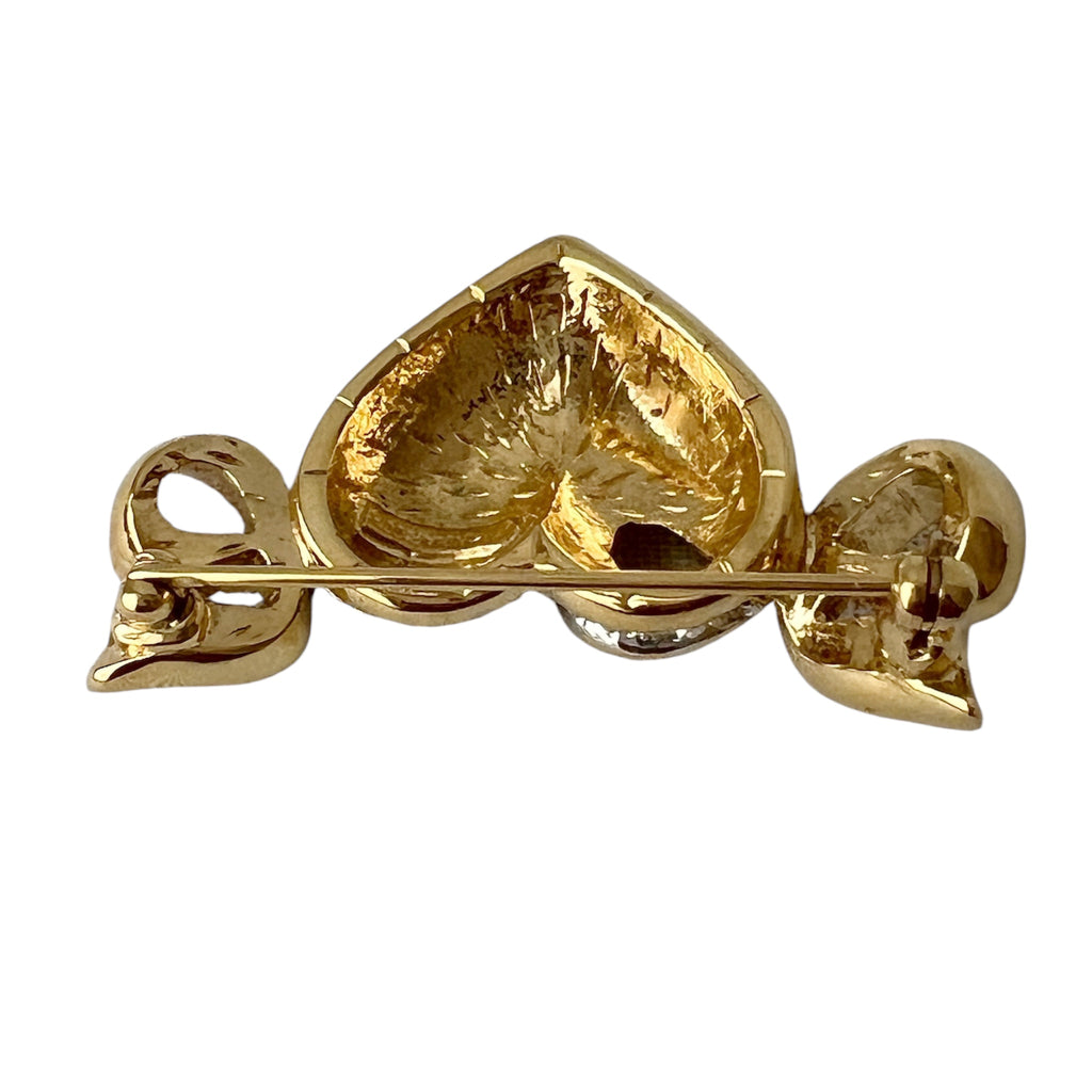 Vintage Nina Ricci Rhinestone Heart Bow Brooch, Gold Tone Designer Pin