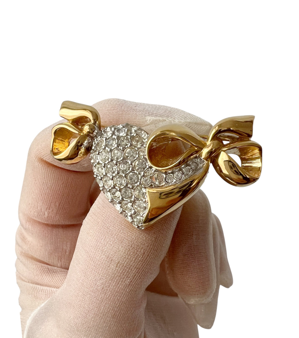 Vintage Nina Ricci Rhinestone Heart Bow Brooch, Gold Tone Designer Pin