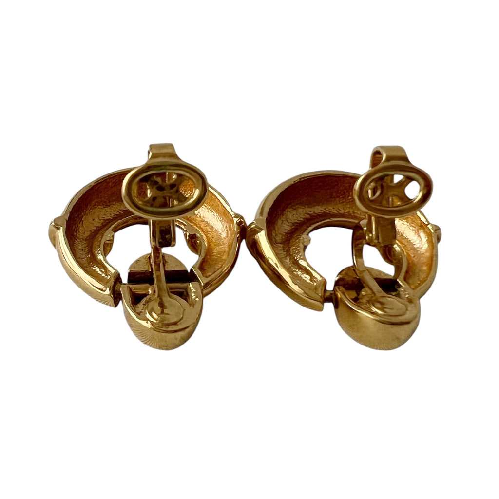 Vintage Nina Ricci Clip On Earrings Gold Tone Hoop Floral Rhinestone