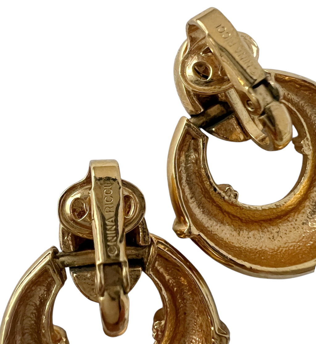 Vintage Nina Ricci Clip On Earrings Gold Tone Hoop Floral Rhinestone