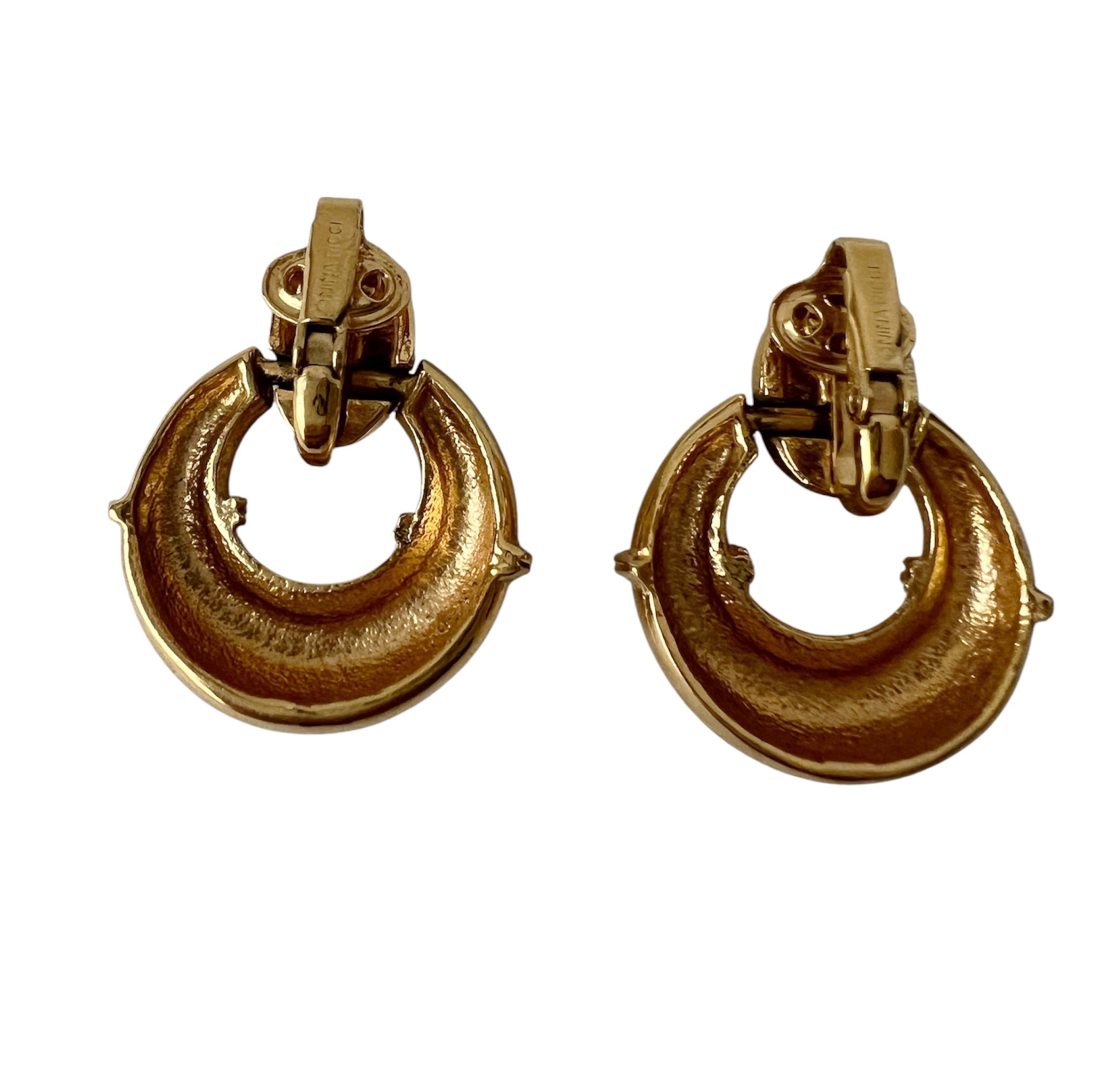 Vintage Nina Ricci Clip On Earrings Gold Tone Hoop Floral Rhinestone