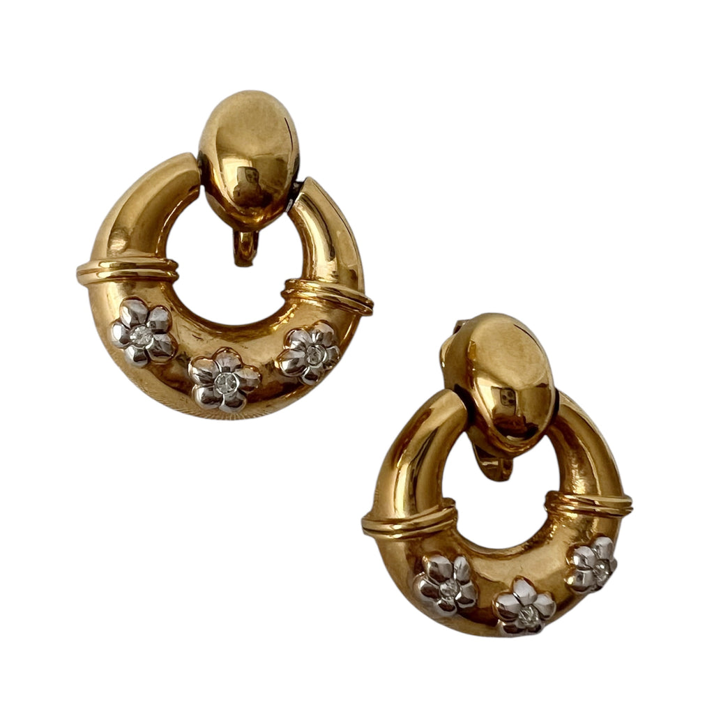 Vintage Nina Ricci Clip On Earrings Gold Tone Hoop Floral Rhinestone