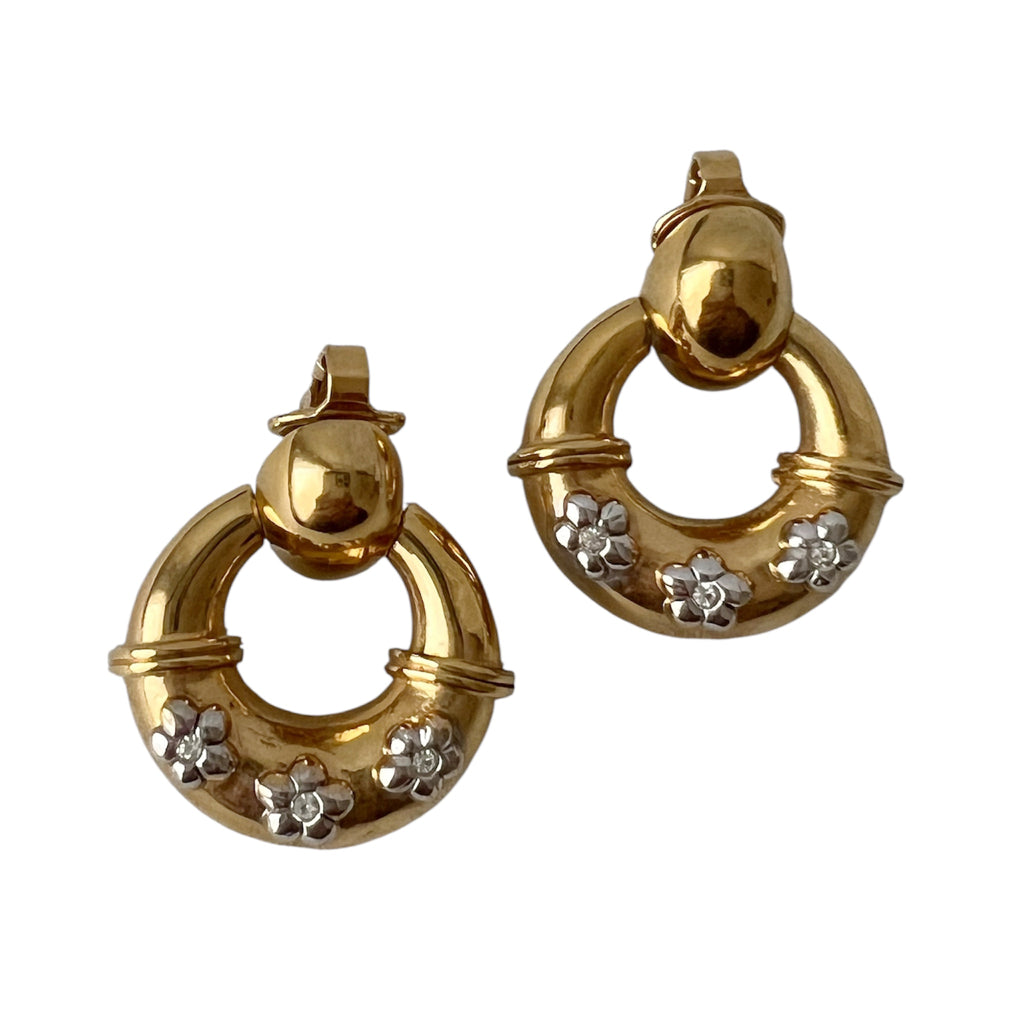 Vintage Nina Ricci Clip On Earrings Gold Tone Hoop Floral Rhinestone