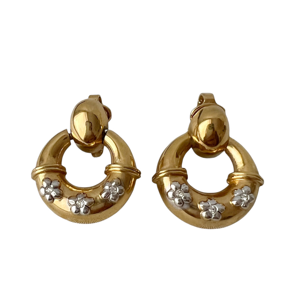 Vintage Nina Ricci Clip On Earrings Gold Tone Hoop Floral Rhinestone