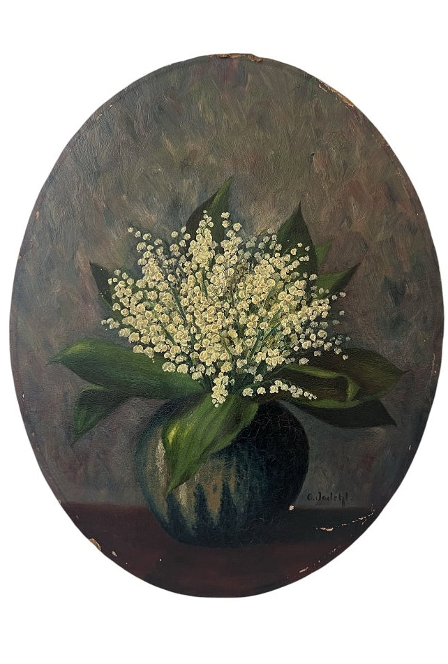 Antique Oval Oil Painting Lily of the Valley Still Life Signed