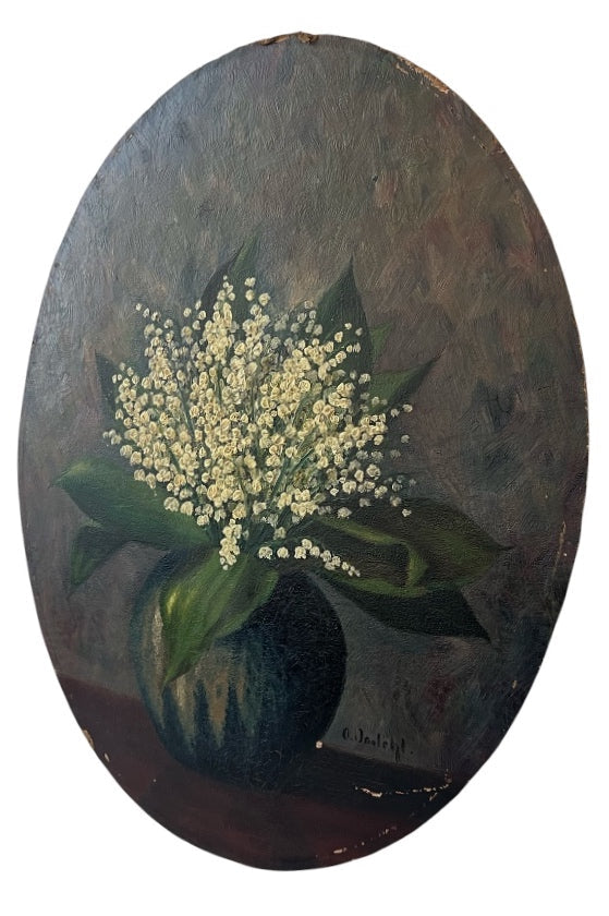 Antique Oval Oil Painting Lily of the Valley Still Life Signed