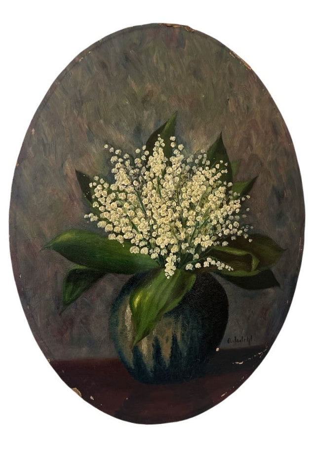 Antique Oval Oil Painting Lily of the Valley Still Life Signed