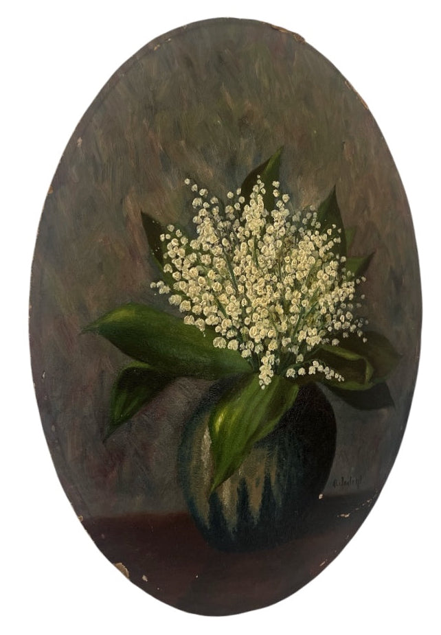 Antique Oval Oil Painting Lily of the Valley Still Life Signed