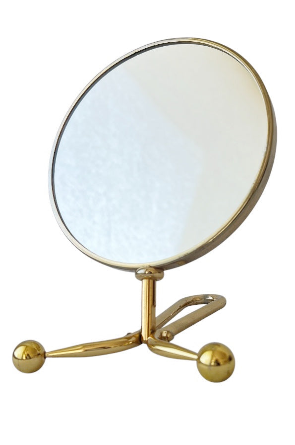 Vintage Brass Double Sided Vanity Mirror, Round Table Makeup Mirror With 5x Magnifying Side