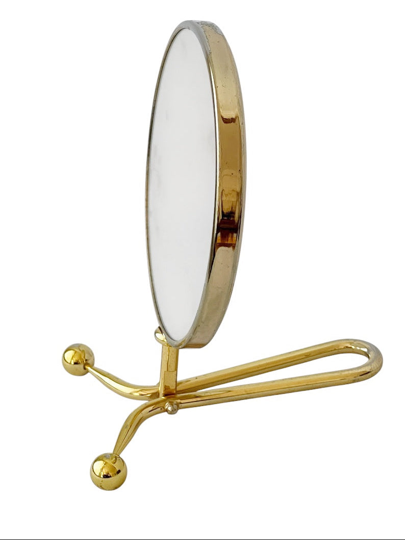 Vintage Brass Double Sided Vanity Mirror, Round Table Makeup Mirror With 5x Magnifying Side